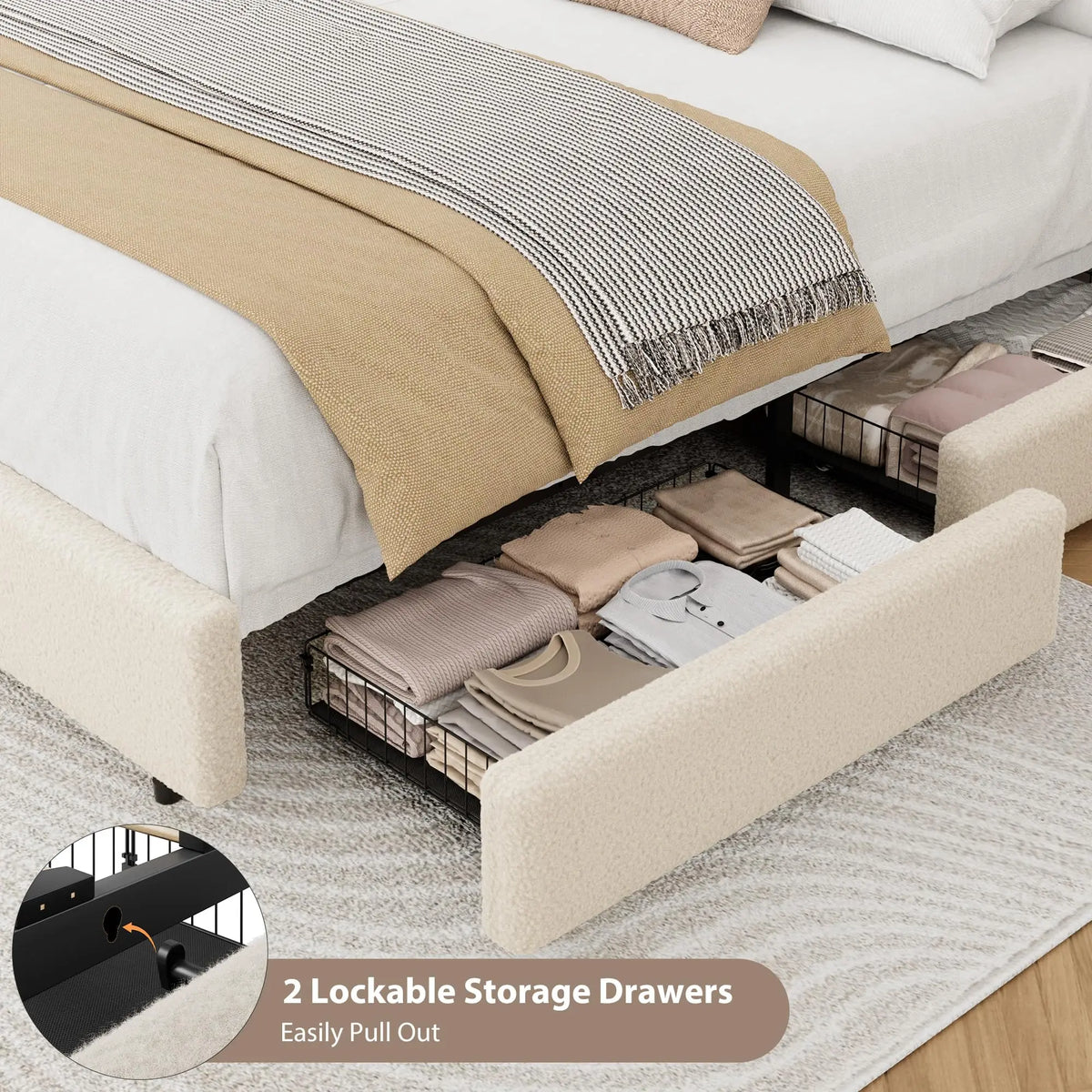 Boucle Upholstered Platform Bed — King with Storage Drawers