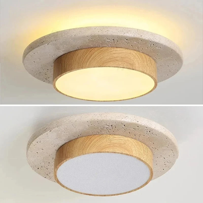 Retro Bedroom Ceiling Light Circular Stone LED Ceiling Lamp Walnut/wooden Balcony Hallway Living Room Indoor Light — room setting