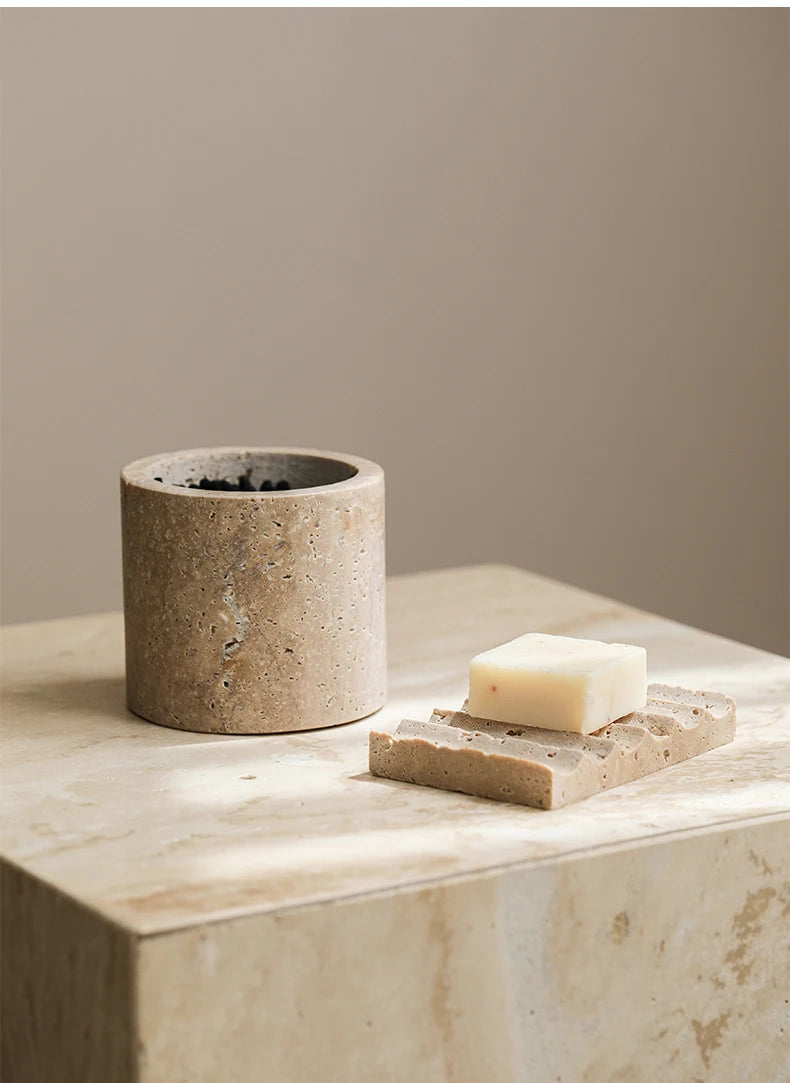 Travertine Cotton Swab Holder — Round Marble Jar, 3.5"