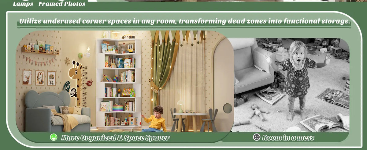 73" L-Shaped Corner Bookshelf — 7-Tier Display Stand