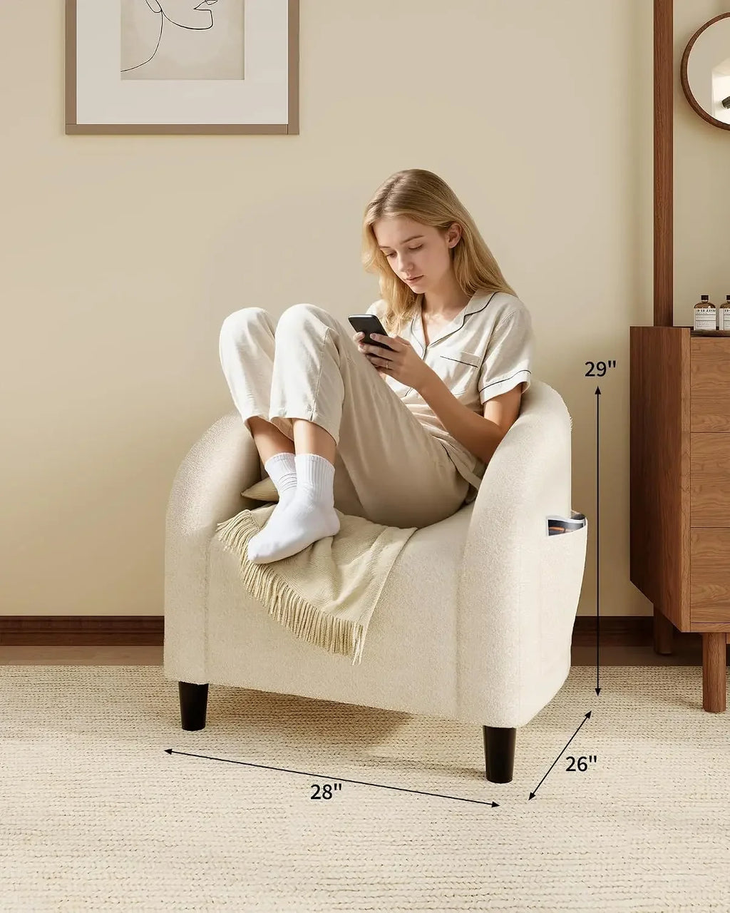 Beige boucle barrel accent chair — product detail view