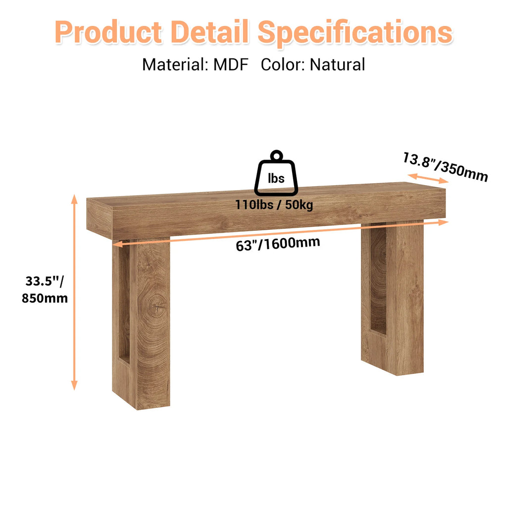 63" Farmhouse Console Table — Natural Wood Sofa Table