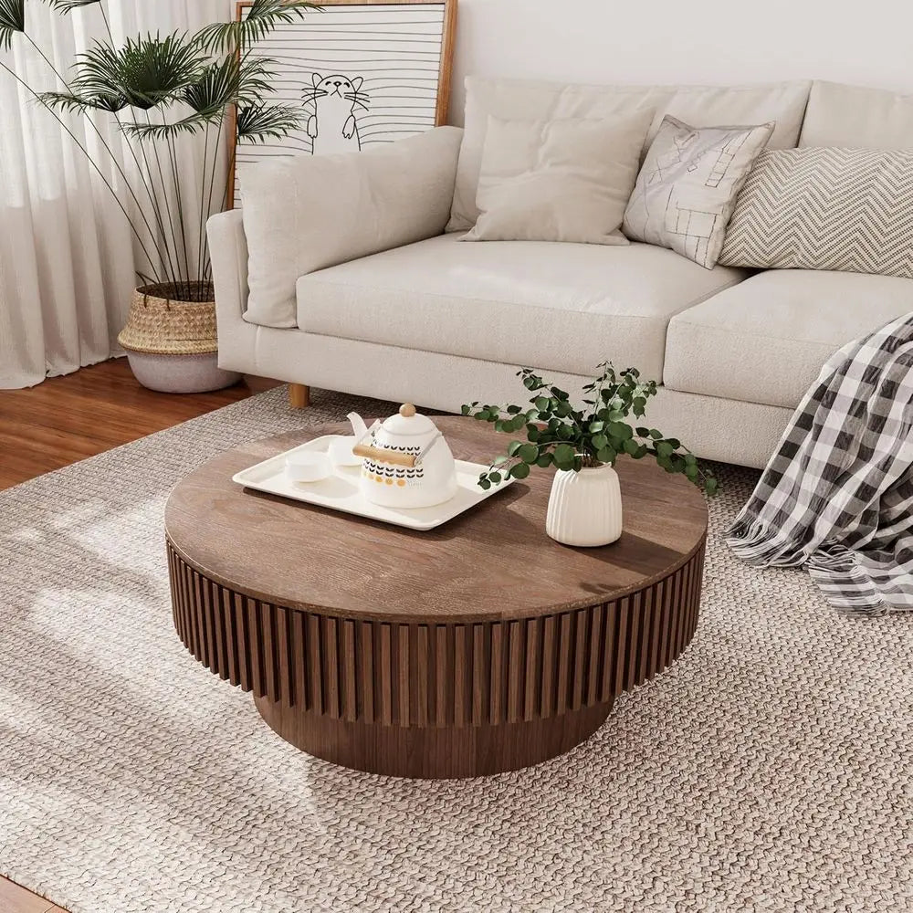 Round drum coffee table with solid wood veneer and hidden storage