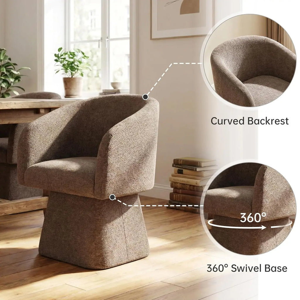 Upholstered swivel dining chair with barrel back and arms