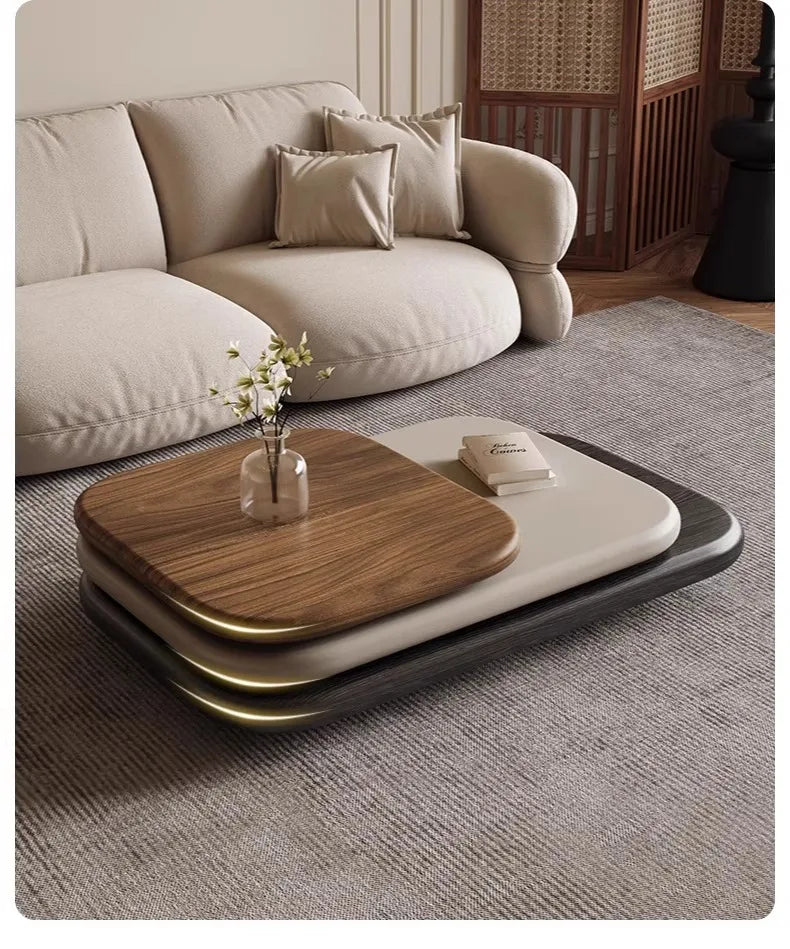 Rotating oval wood coffee table — front detail view