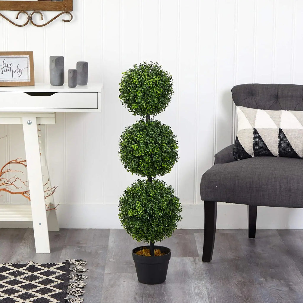 Artificial Triple Ball Boxwood Topiary — 36in, Black Planter