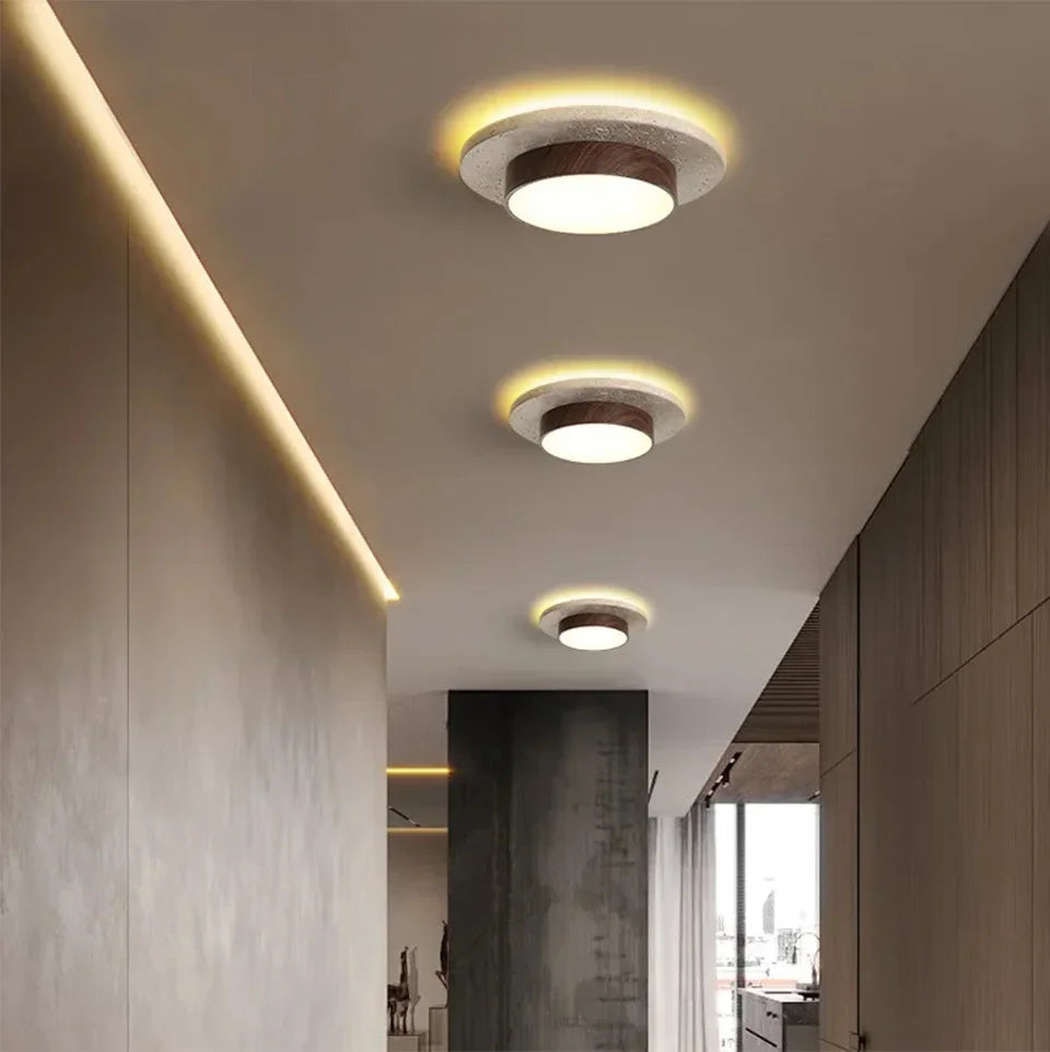 Retro Bedroom Ceiling Light Circular Stone LED Ceiling Lamp Walnut/wooden Balcony Hallway Living Room Indoor Light — image 16