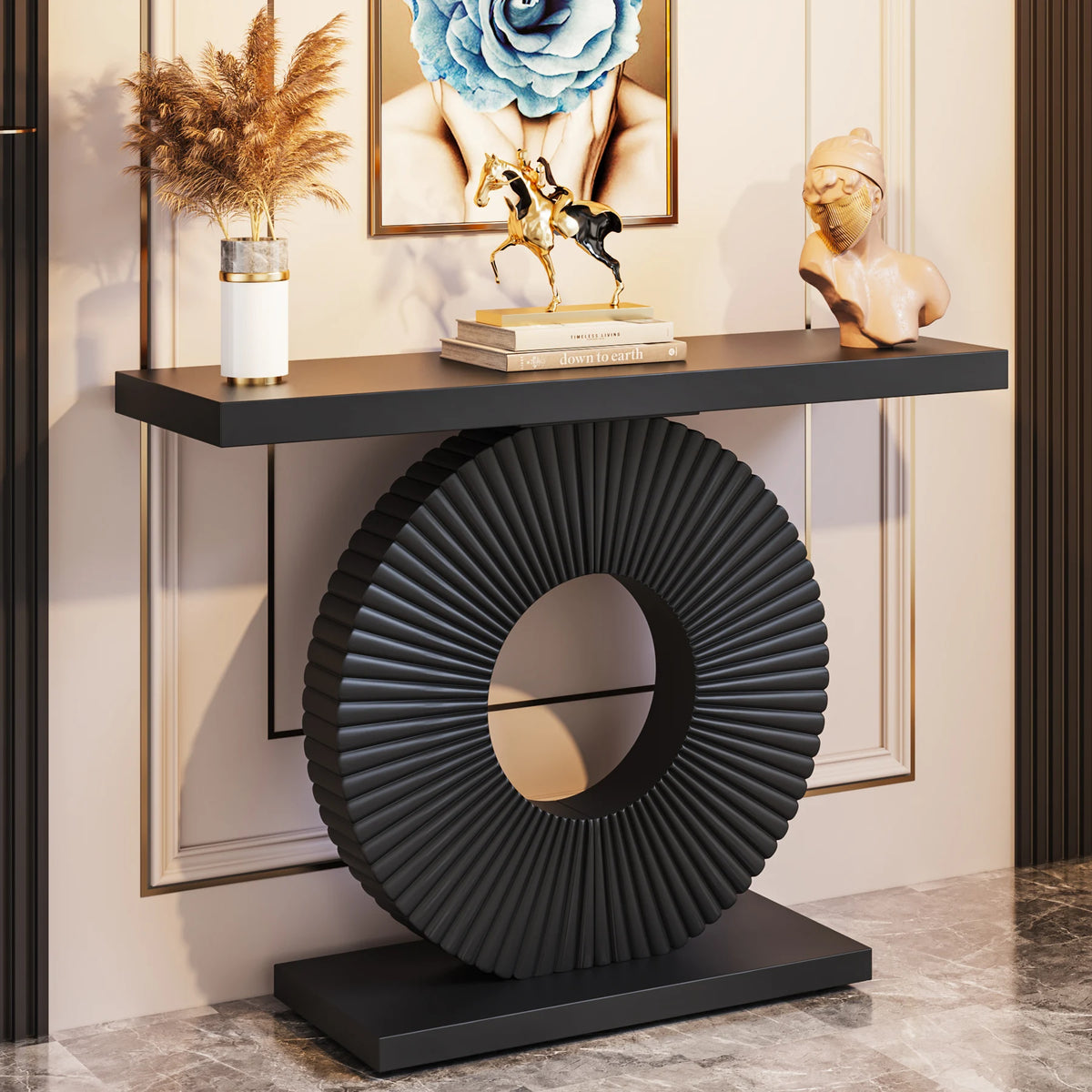 Wood console table with geometric base — product detail view