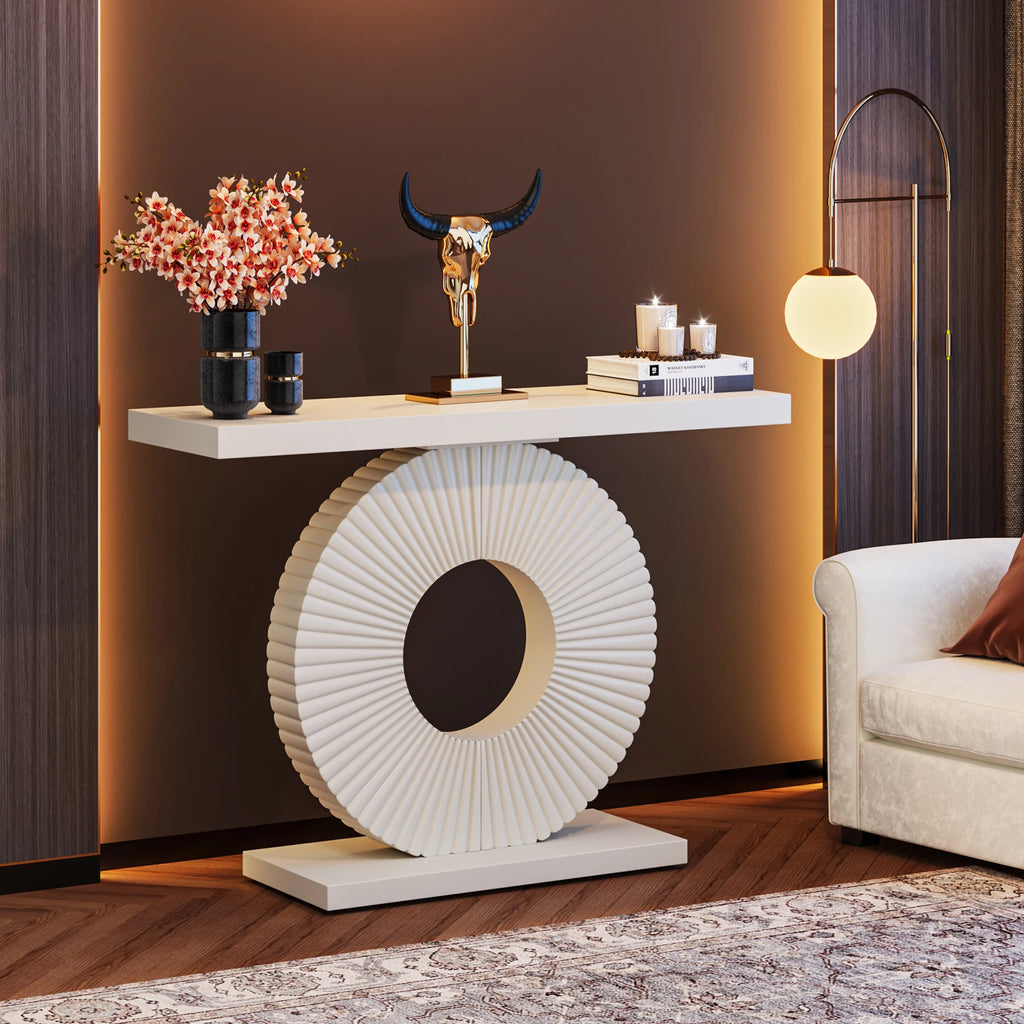 Wood console table with geometric base — side angle