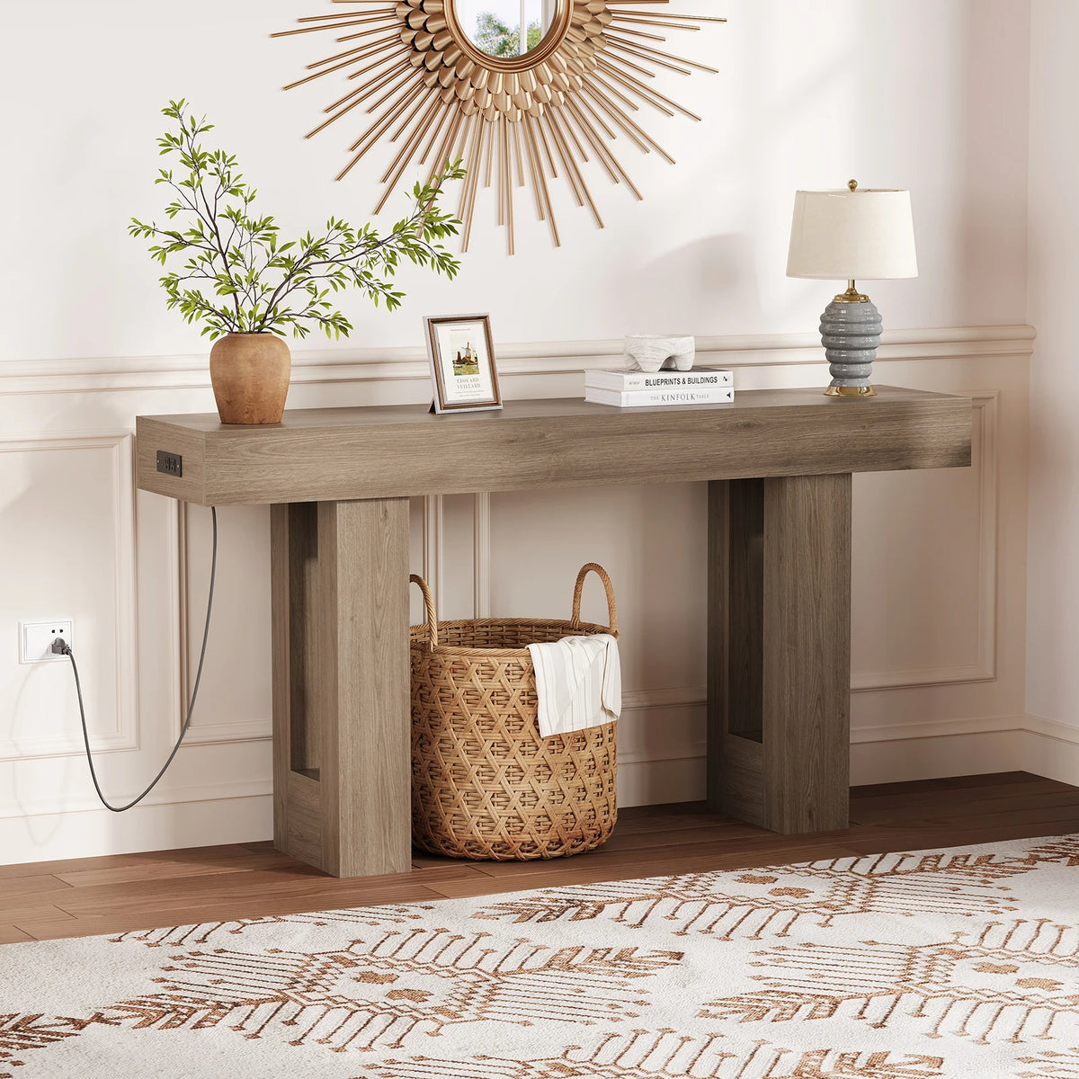 Farmhouse console table with built-in power outlet