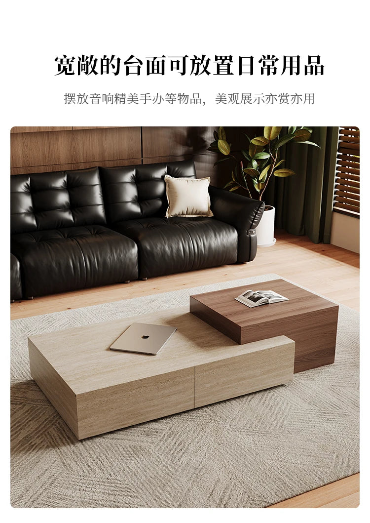 Sculptural Wabi-Sabi Coffee Table - Travertine & Walnut