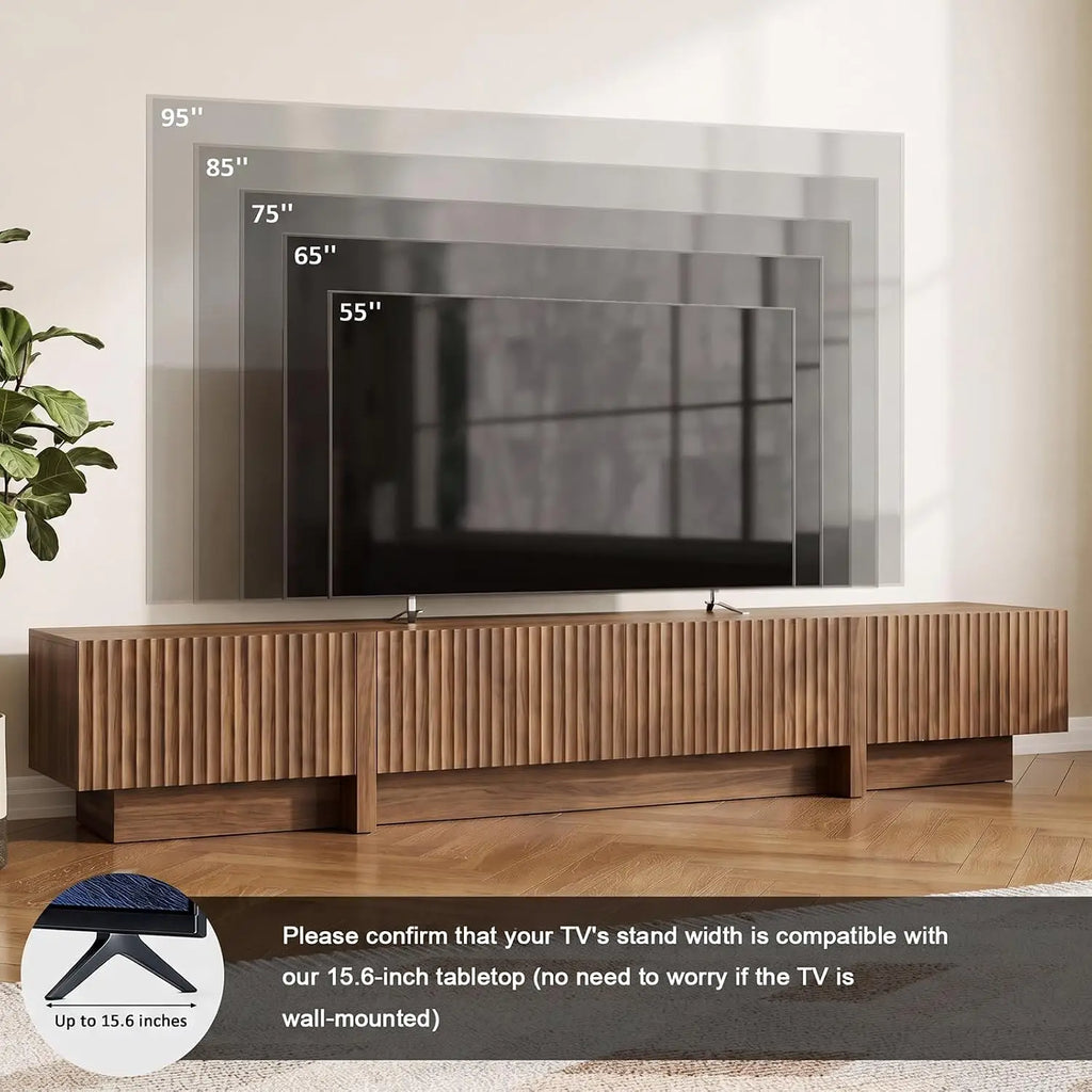 Fluted walnut TV stand, 98 inches, in a living room setting