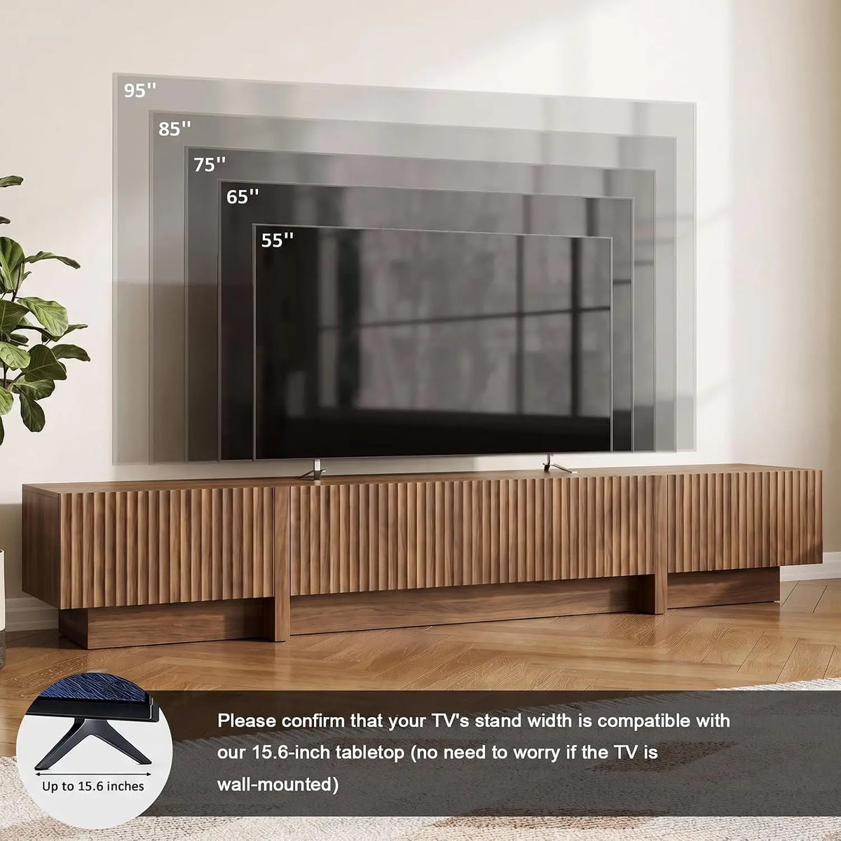 Fluted walnut TV stand, 98 inches, in a living room setting