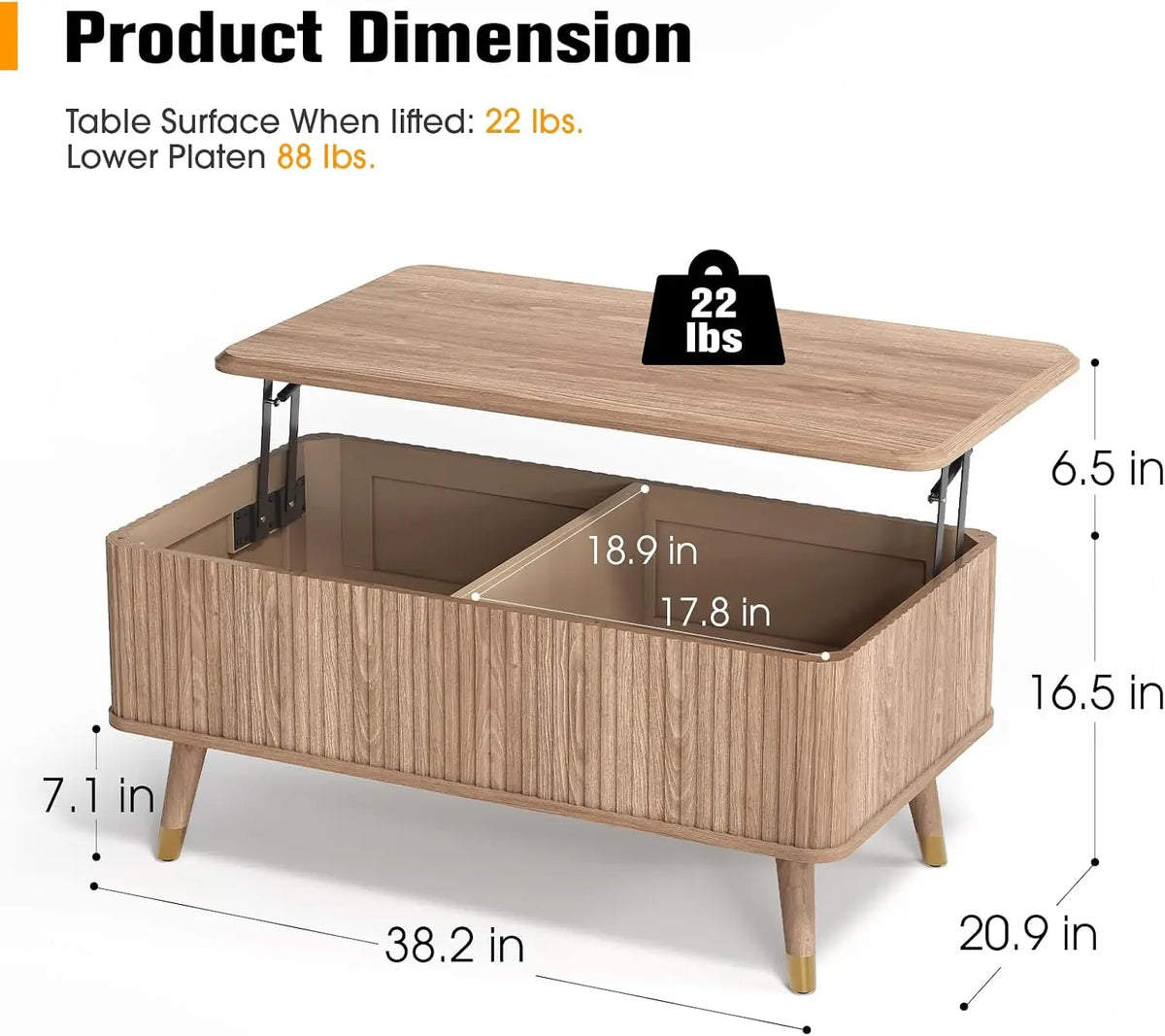 Lift-top fluted coffee table with hidden storage compartments