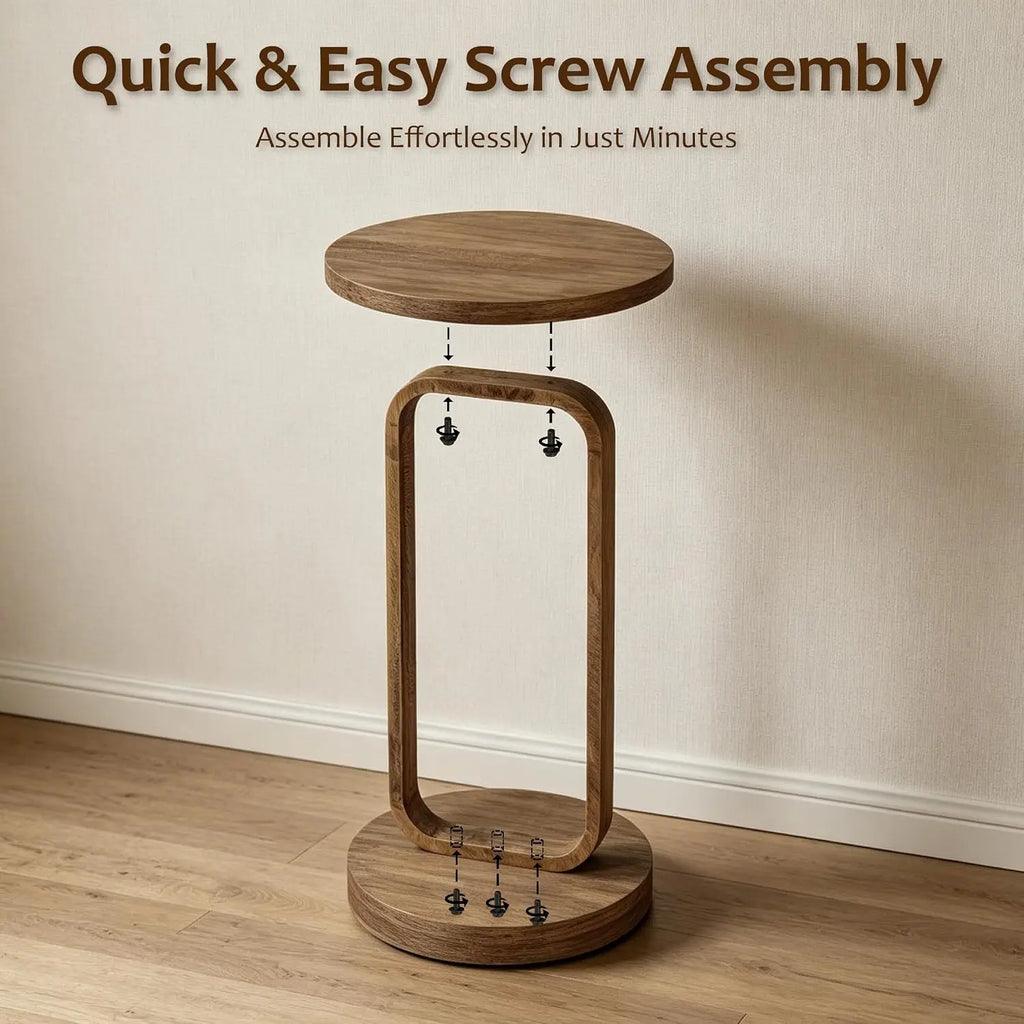 Rustic wood plant stand end table, minimalist round design