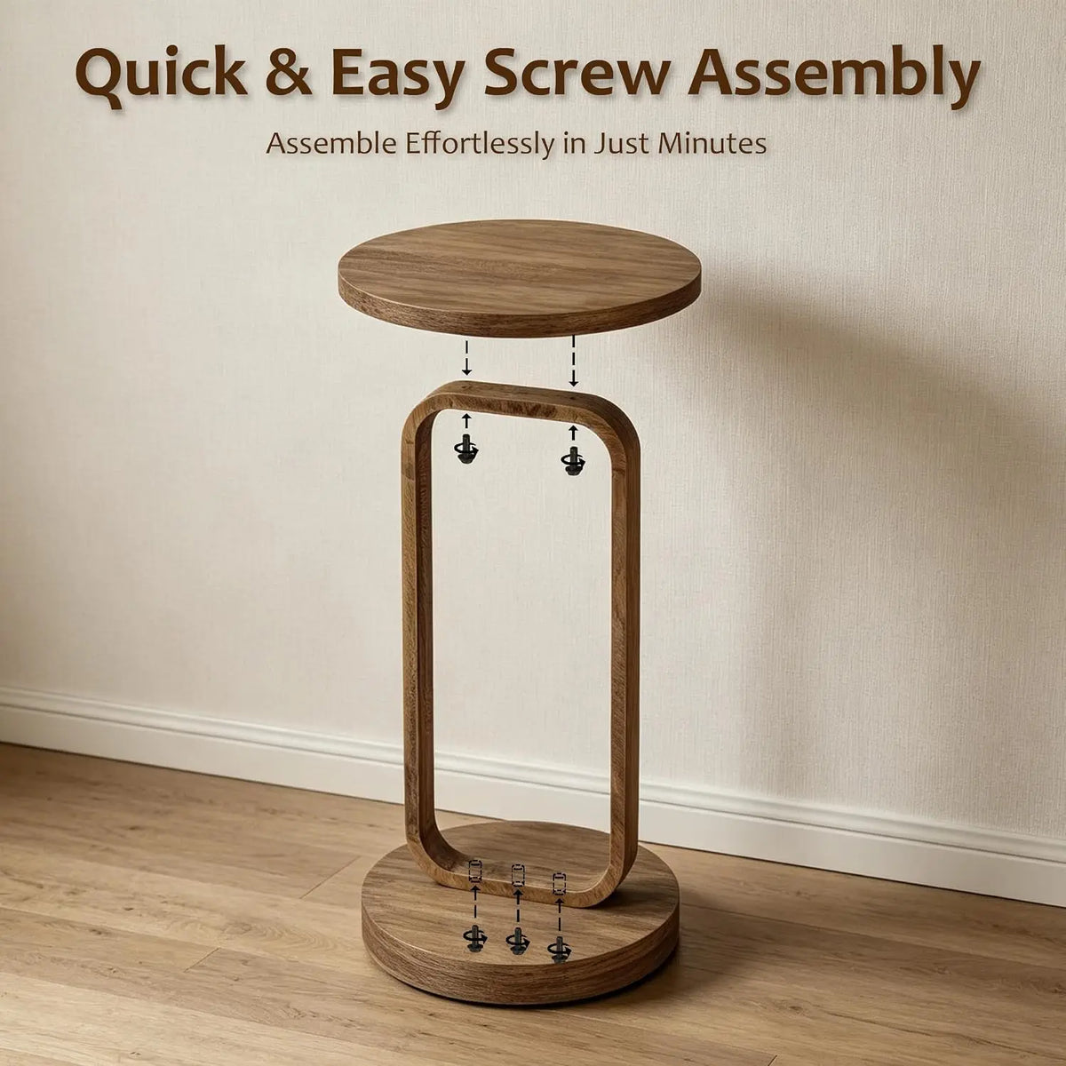 Rustic wood plant stand end table, minimalist round design