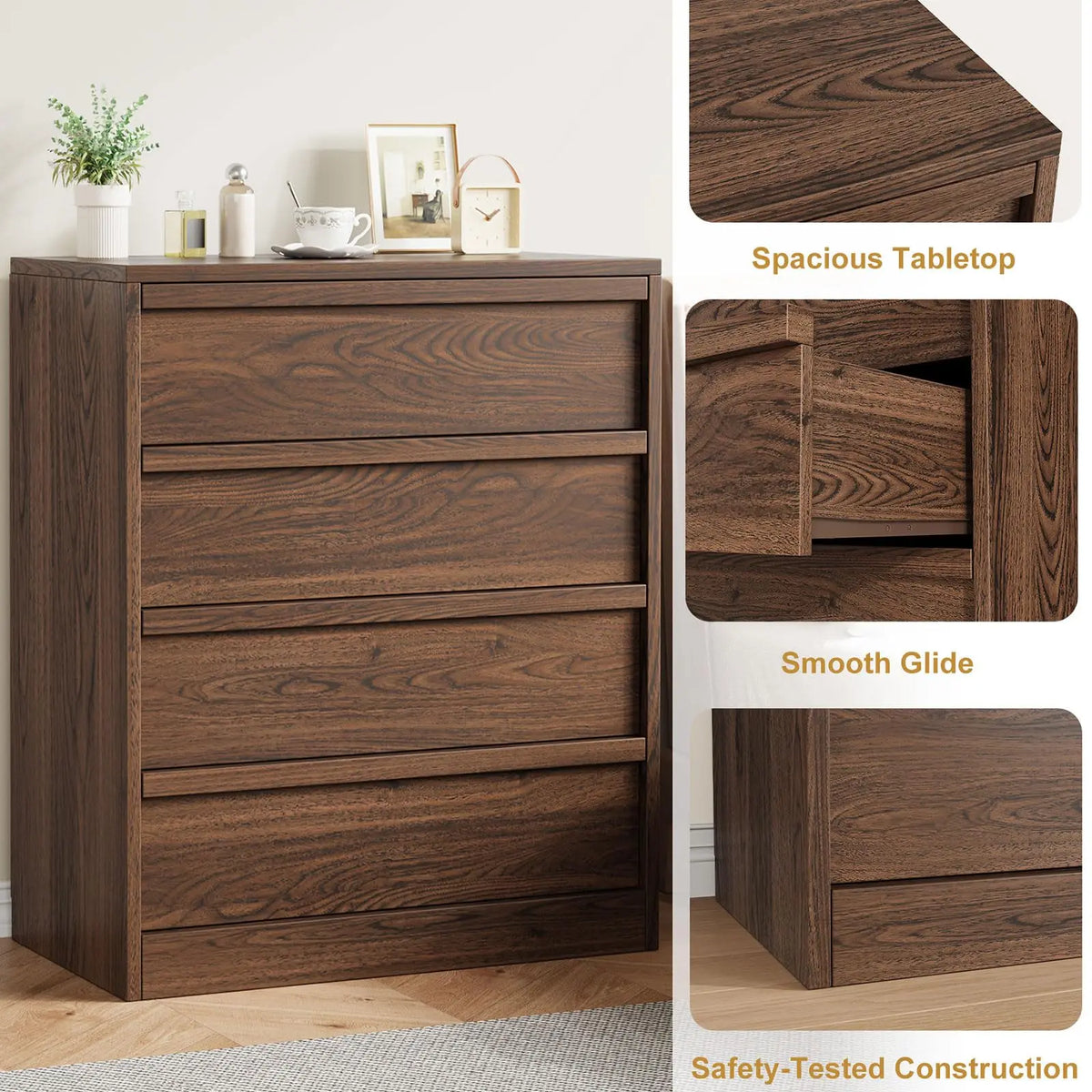4-Drawer Tall Dresser — Walnut Bedroom Storage Chest