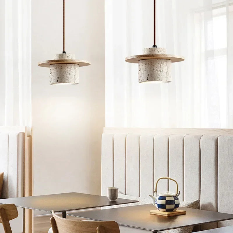 High Quality Stone Pendant Light Indoor LED Walnut/Log Yellow Travertine Chandelier Parlor Bedroom Cafe Bar Hanging Light — alternate angle