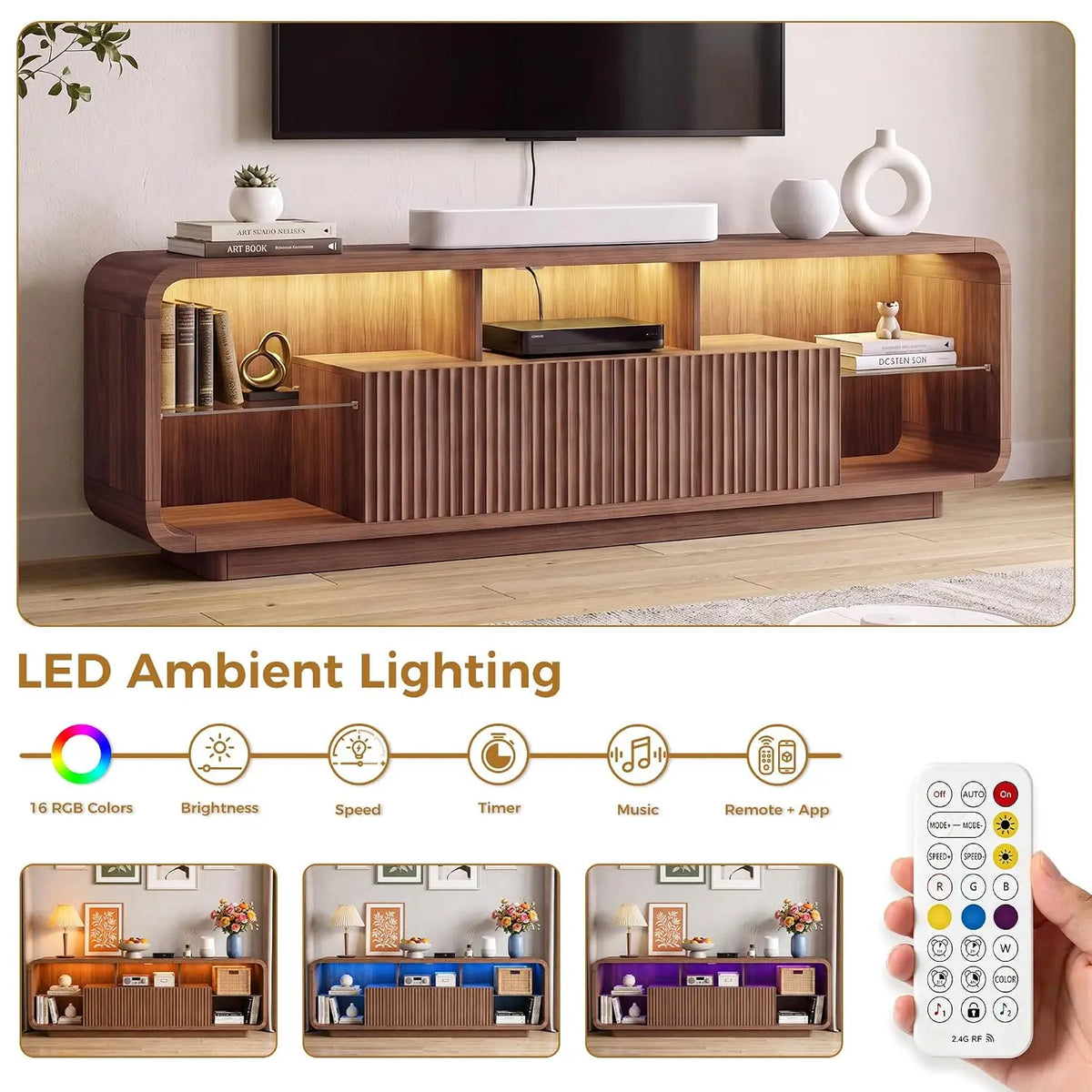 Fluted TV stand with LED lighting in walnut finish