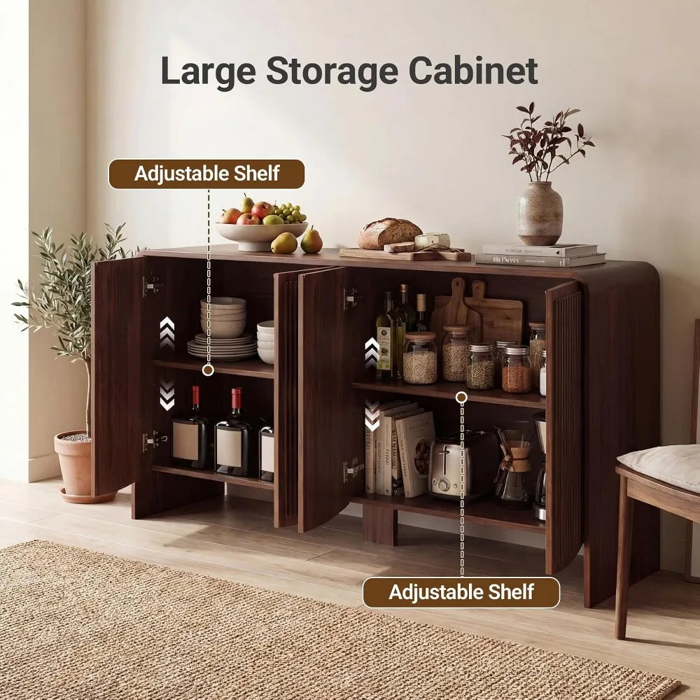 Fluted Sideboard Buffet Cabinet — 58" Curved Storage Cabinet