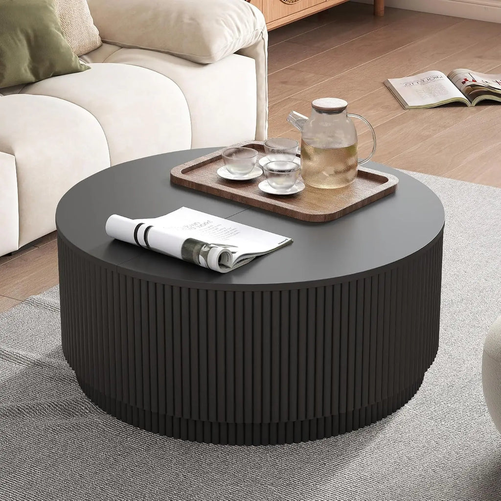 Fluted Lift-Top Coffee Table - Matte Black Storage