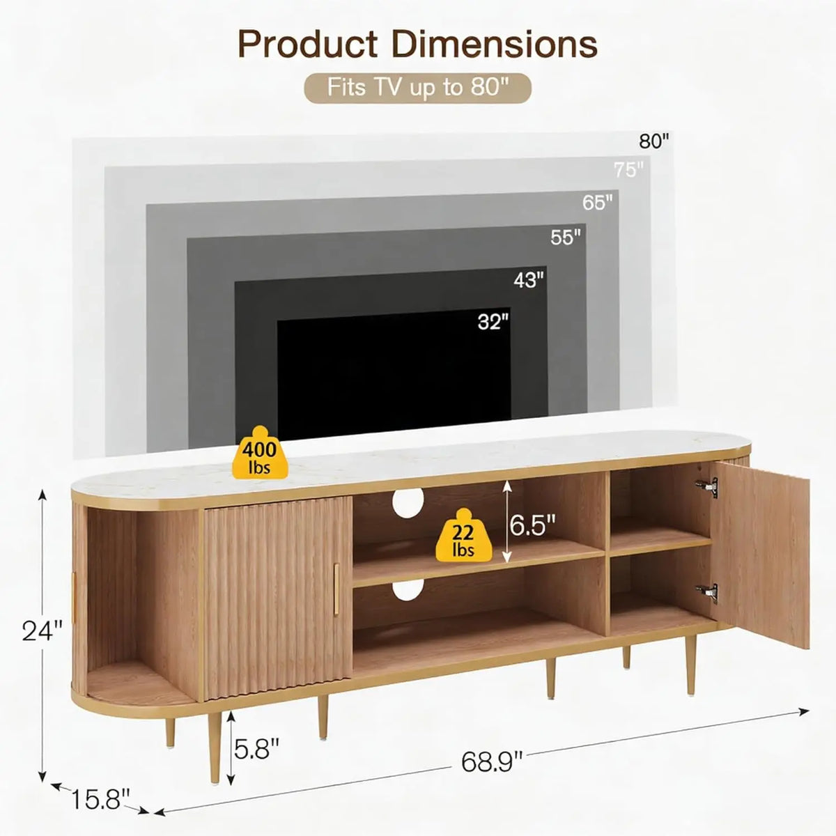 70" Fluted TV Stand — Faux Marble Top, Natural Oak
