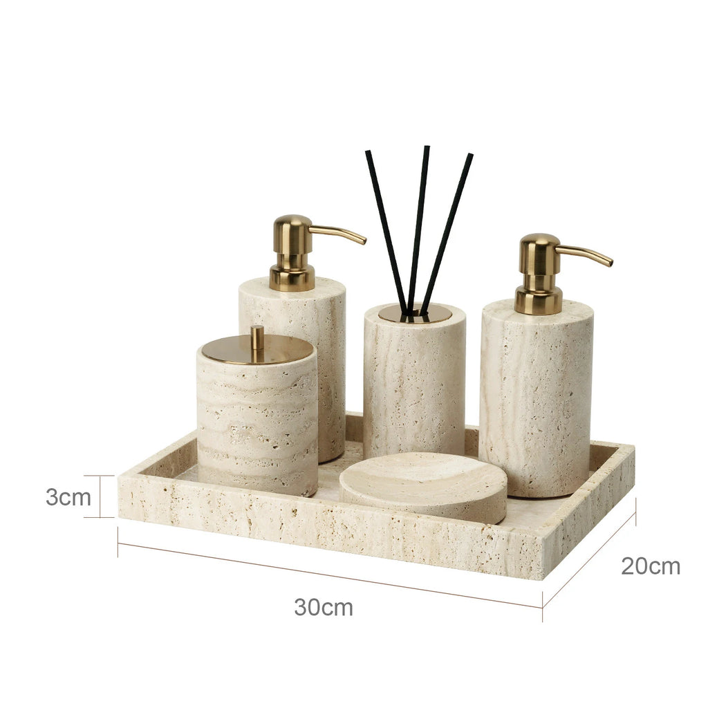 Travertine Bathroom Accessory Set — Soap, Tray & Tissue Box