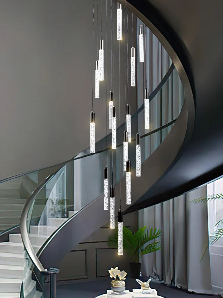 Minimalist cylindrical crystal staircase chandelier
