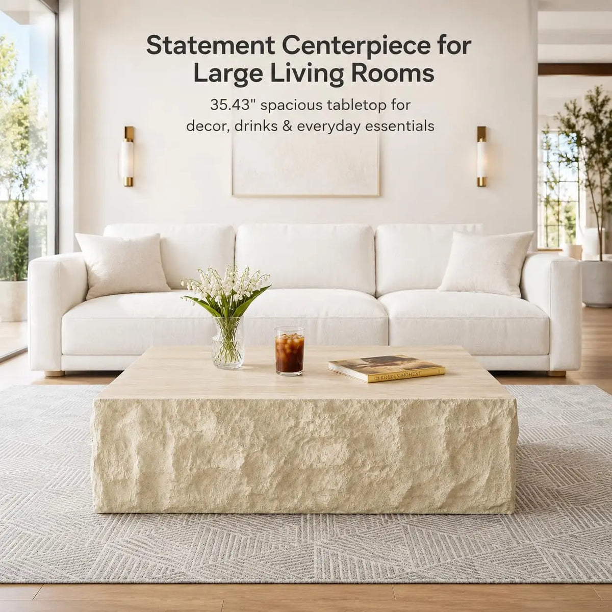 35.43" Square Faux Marble Travertine Coffee Table