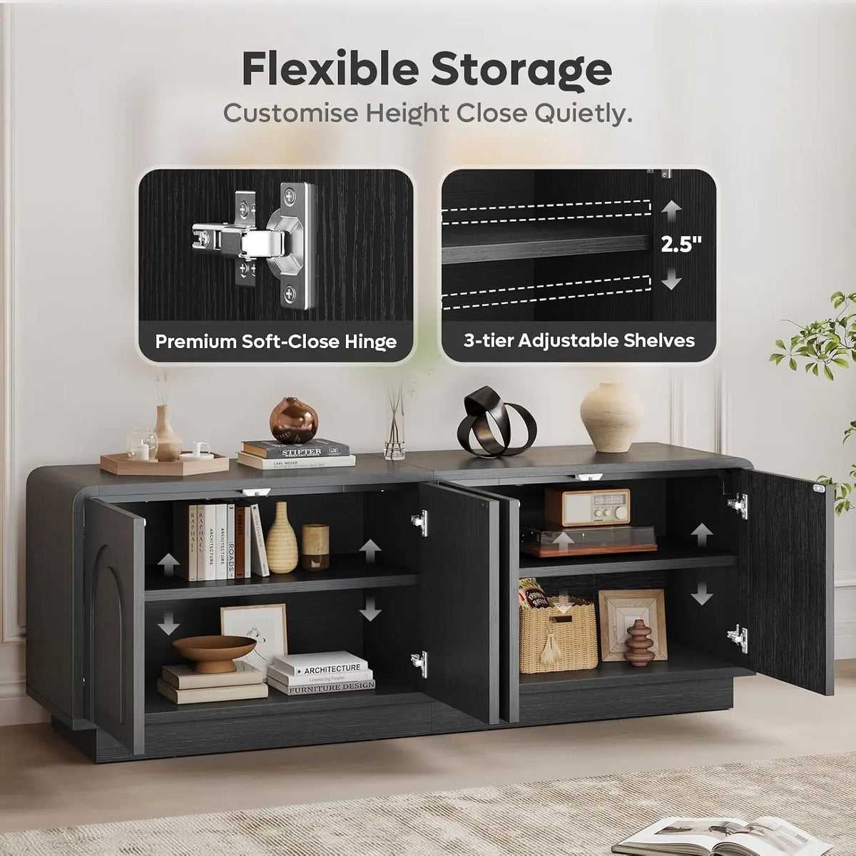 Mid-century arched TV stand with hidden storage