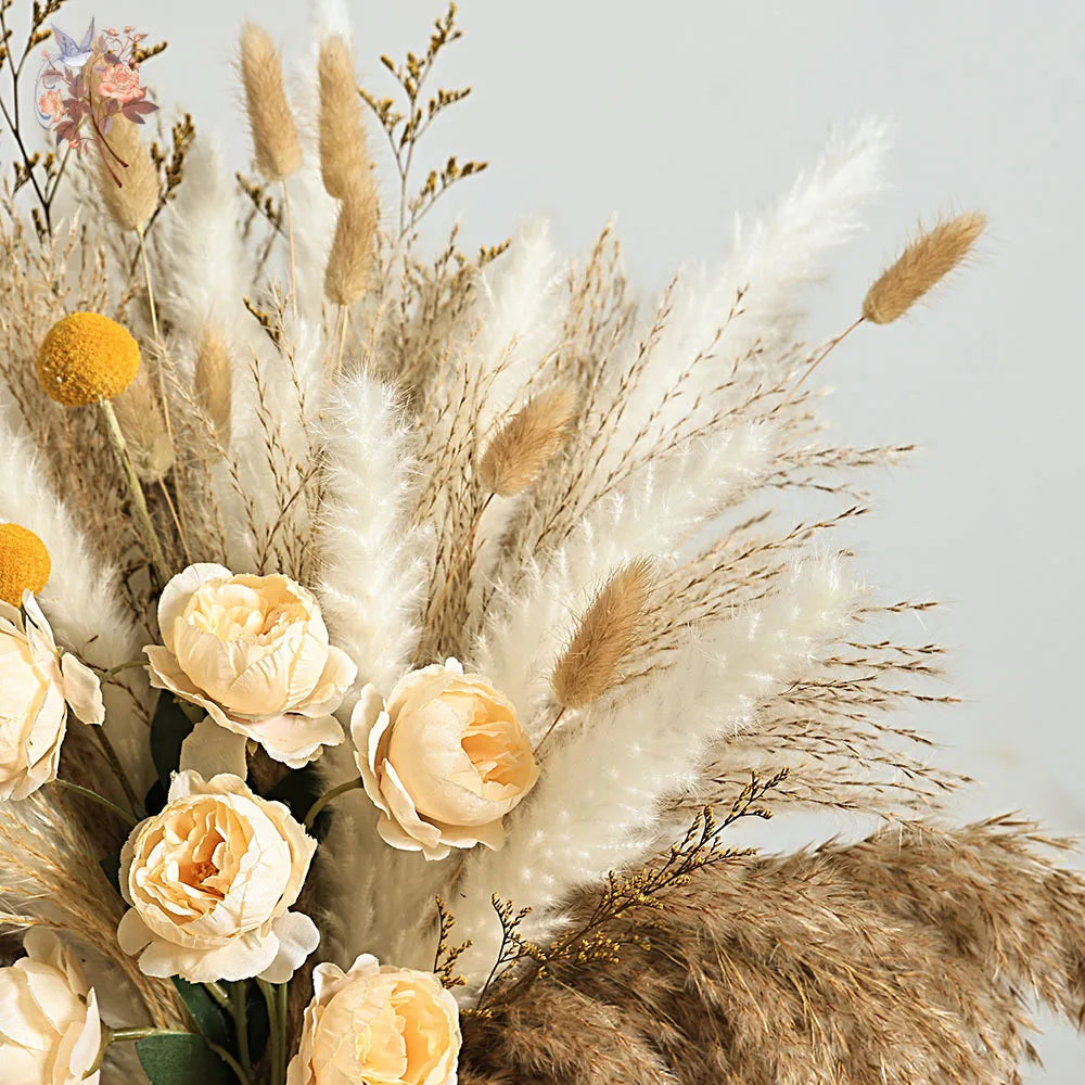 Faux Peony & Pampas Mix Bouquet — Dried-Look Boho Centerpiece