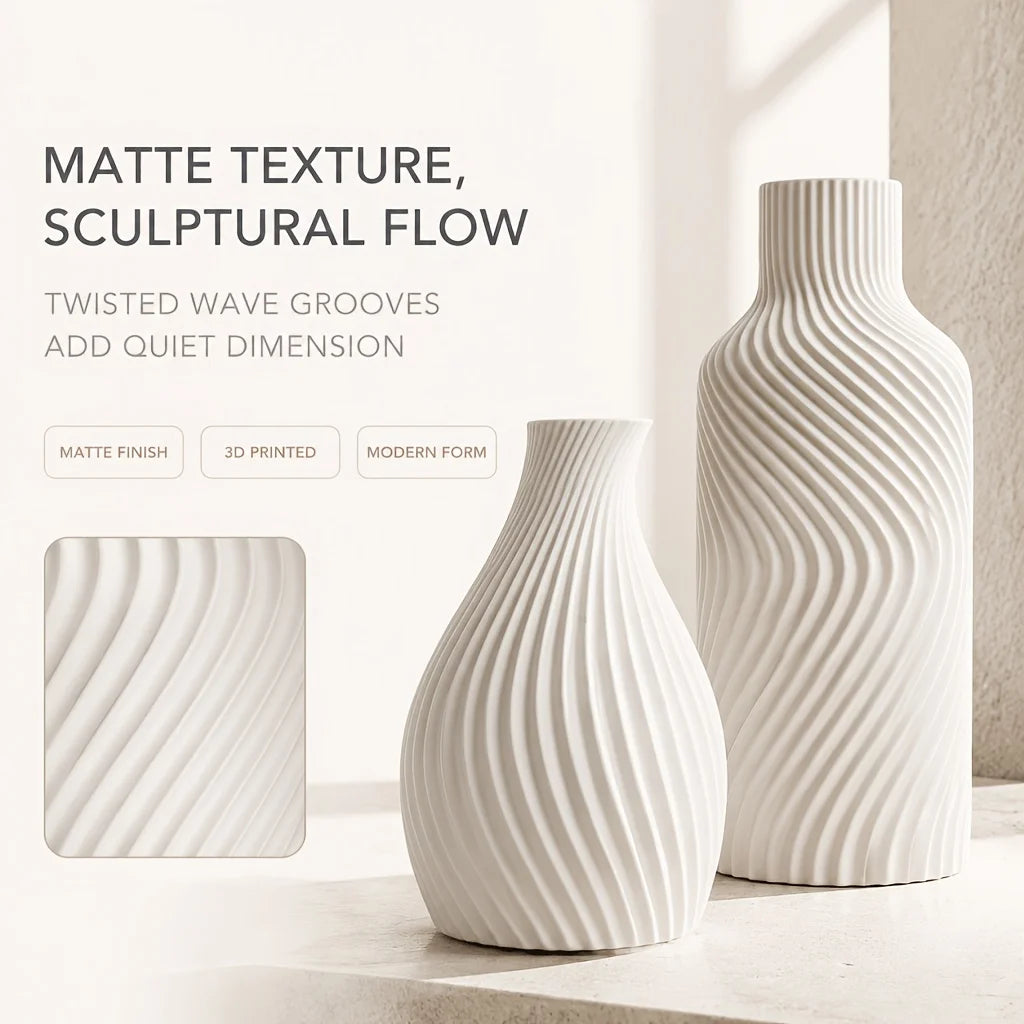 Wavy Swirl 3-Piece Vase Set — Matte Beige