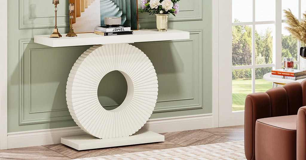 Wood console table with geometric base — close-up product view