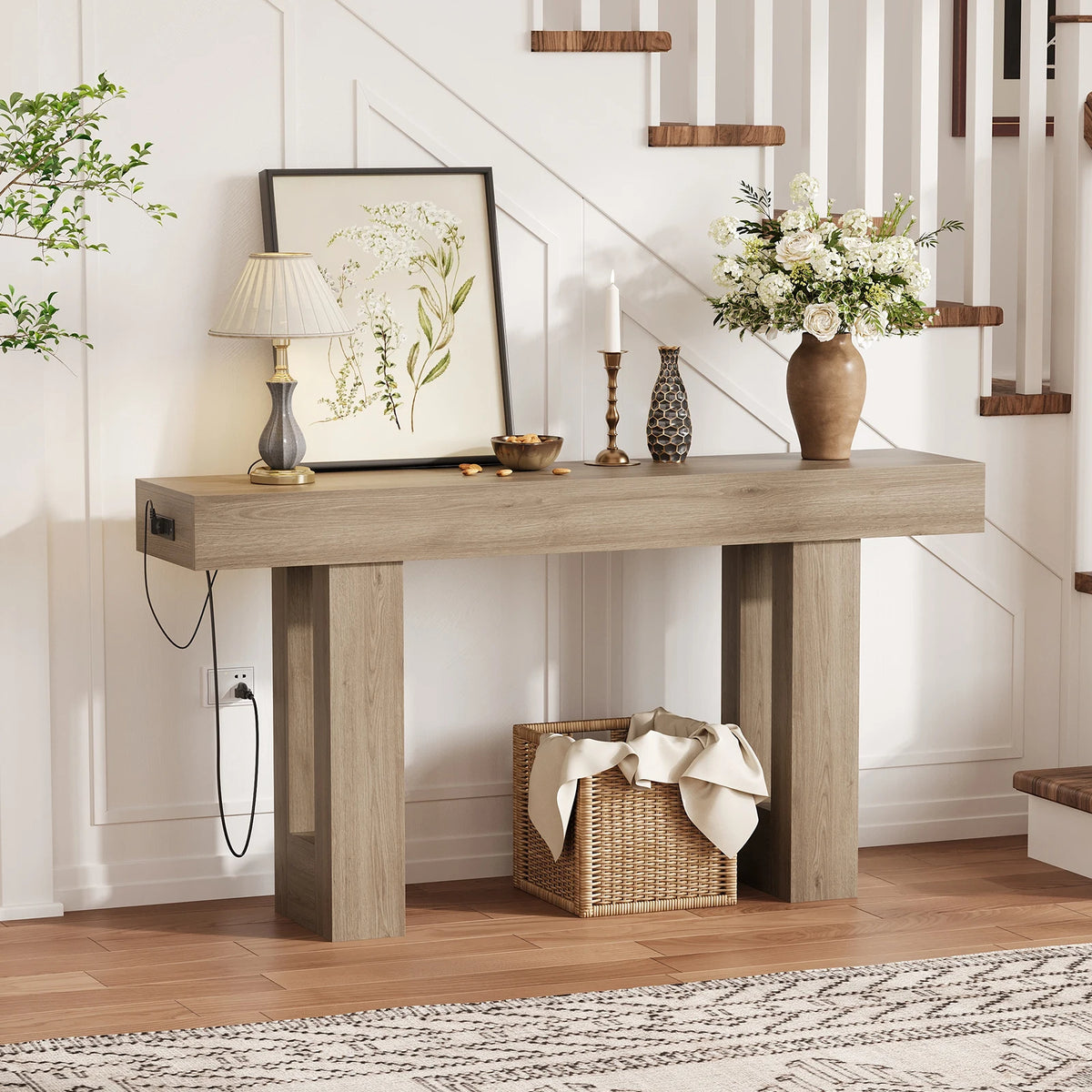 Farmhouse console table with built-in power outlet