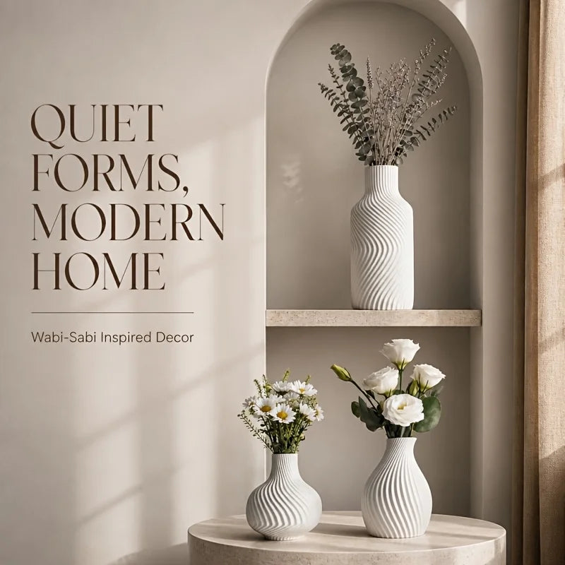Wavy Swirl 3-Piece Vase Set — Matte Beige