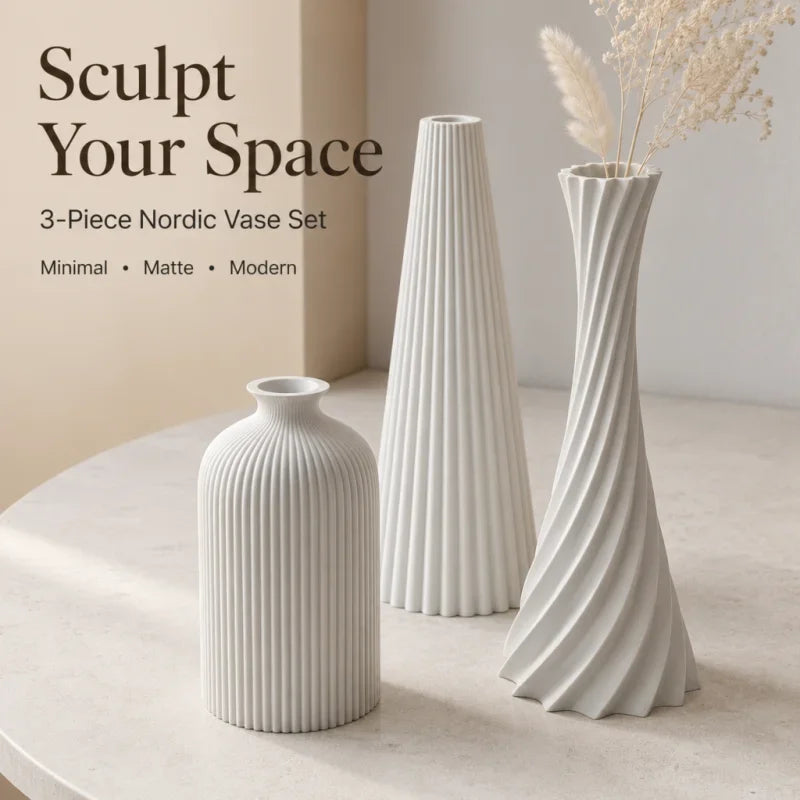Ribbed Wabi-Sabi 3-Piece Vase Set — Matte Off-White