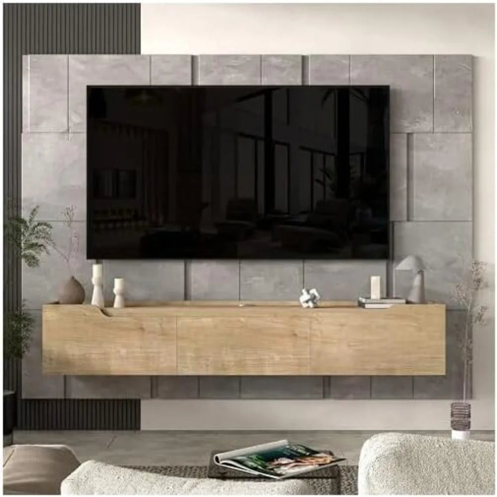 Floating wall-mounted TV stand with cable management in oak and white