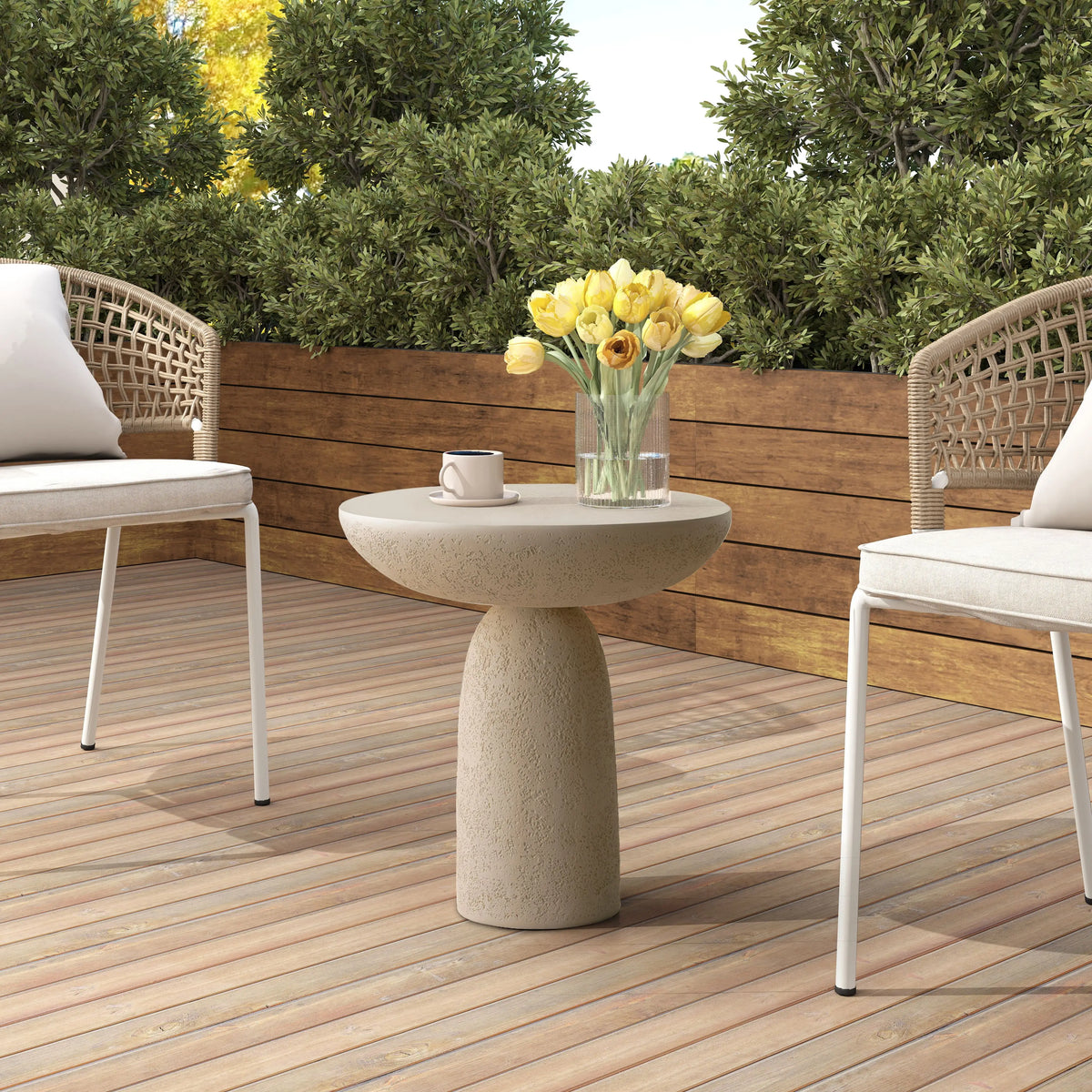 SHYFOY pedestal side table with stone-inspired hourglass base
