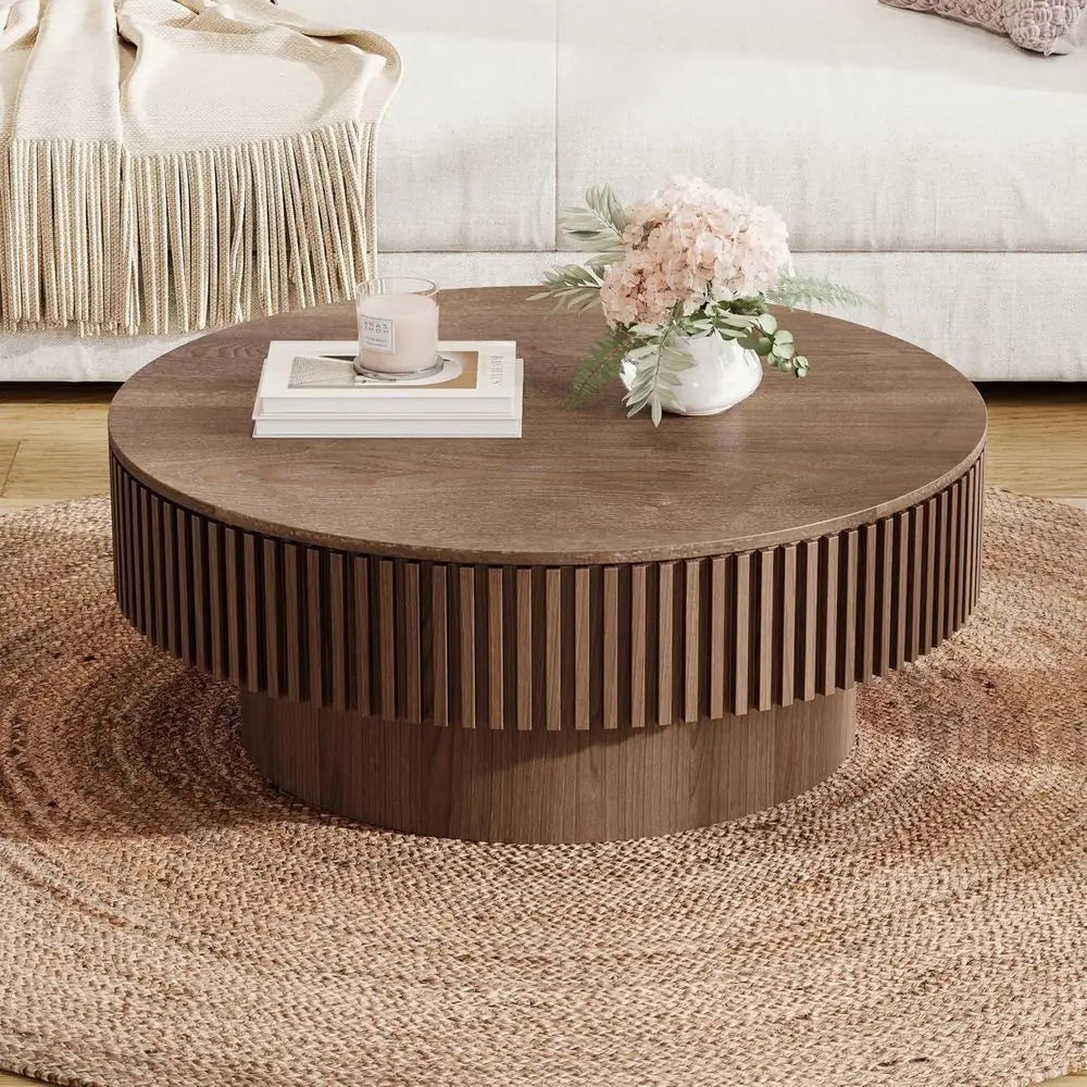 Round drum coffee table with solid wood veneer and hidden storage