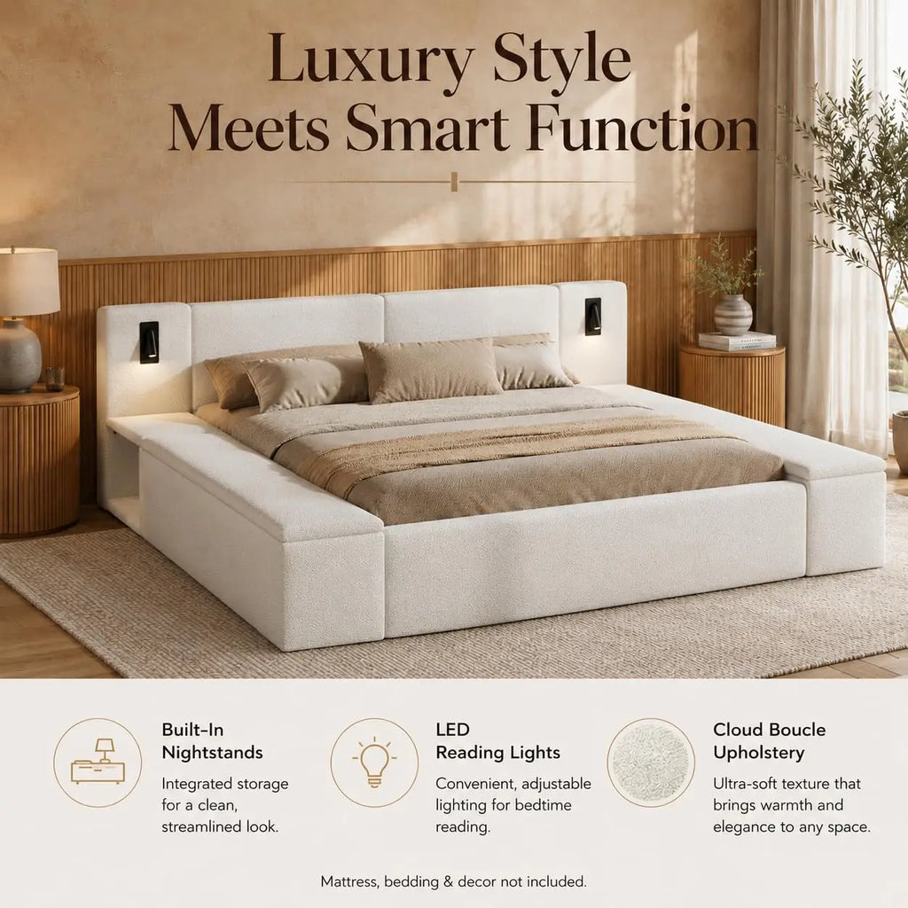 Upholstered king storage bed with LED headboard — finish detail