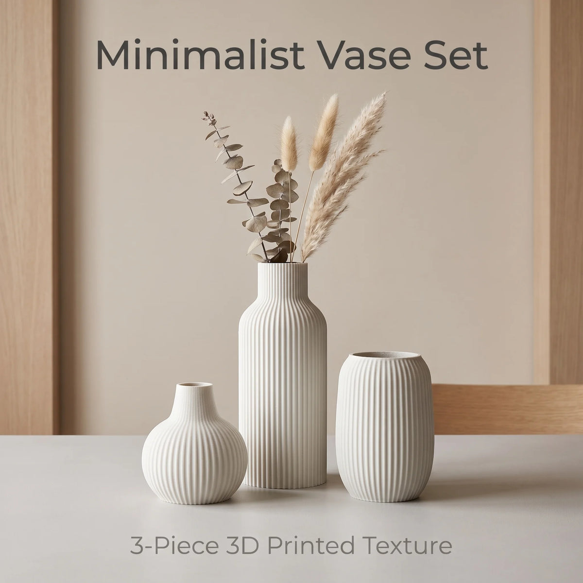 Vertical-Striped Embossed 3-Piece Vase Set — Matte PLA