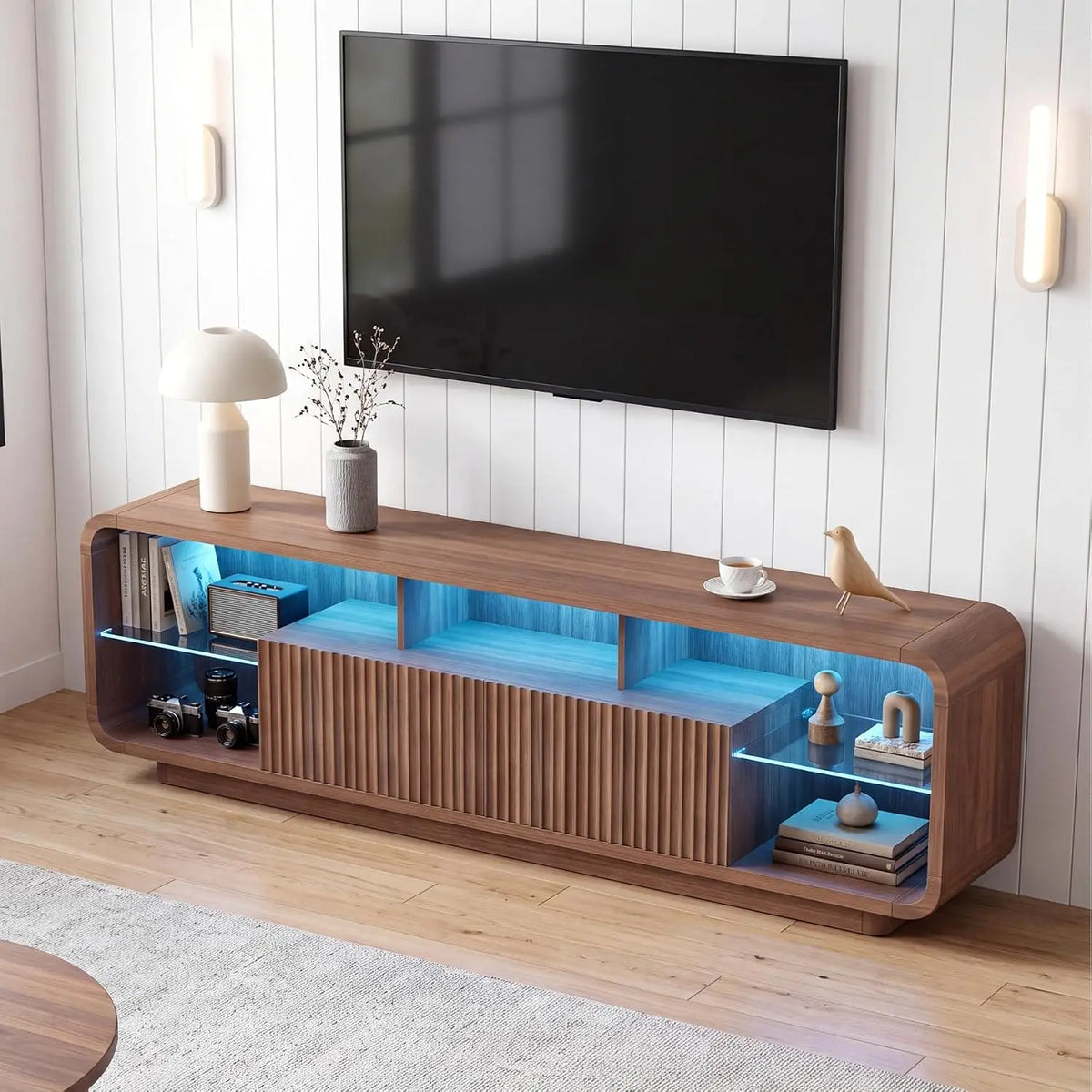 Fluted TV stand with LED lighting in walnut finish
