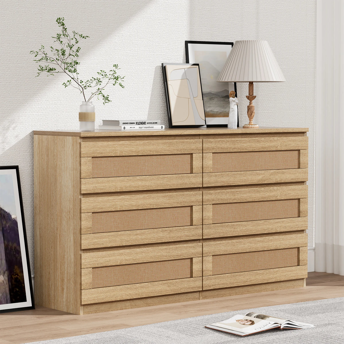 Rattan 6-Drawer Dresser — 47" Slim Bedroom Chest