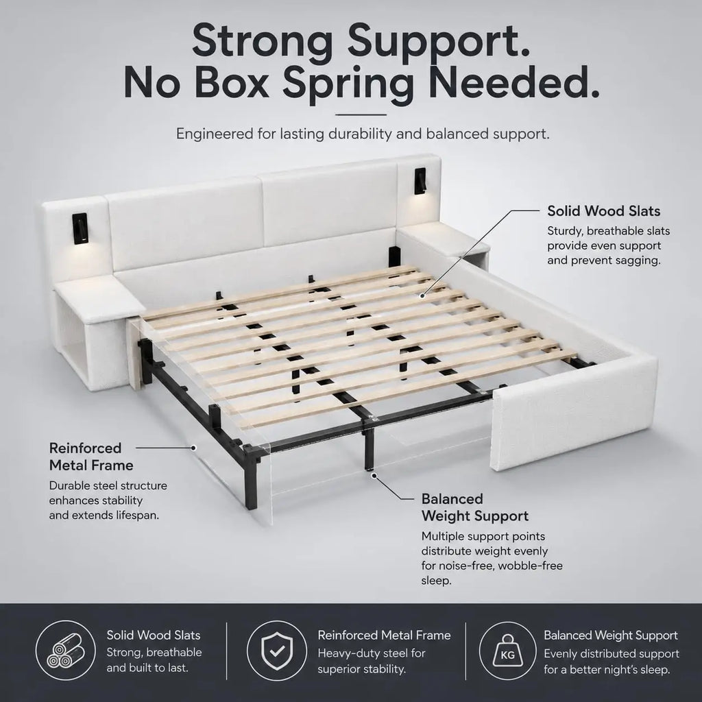 Upholstered king storage bed with LED headboard — side detail view