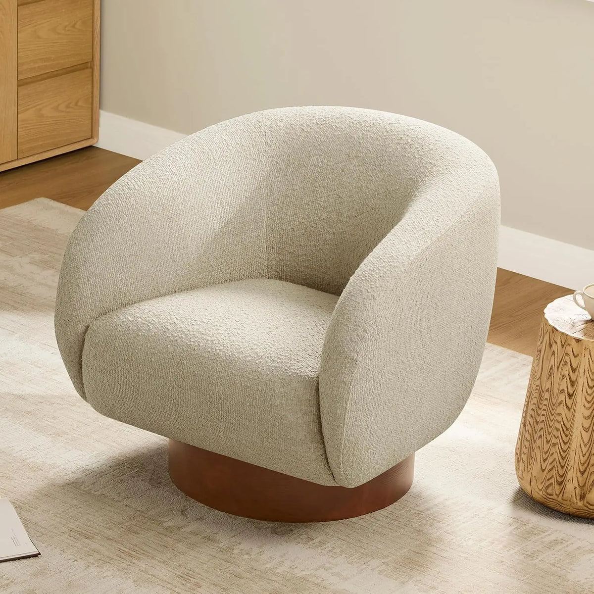 Oatmeal Boucle Swivel Accent Chair — Wood Base Armchair