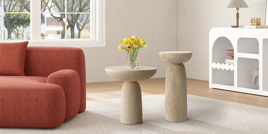 SHYFOY pedestal side table with stone-inspired hourglass base