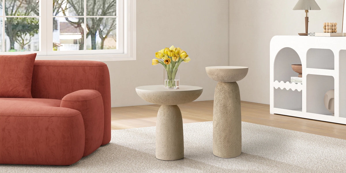 SHYFOY pedestal side table with stone-inspired hourglass base