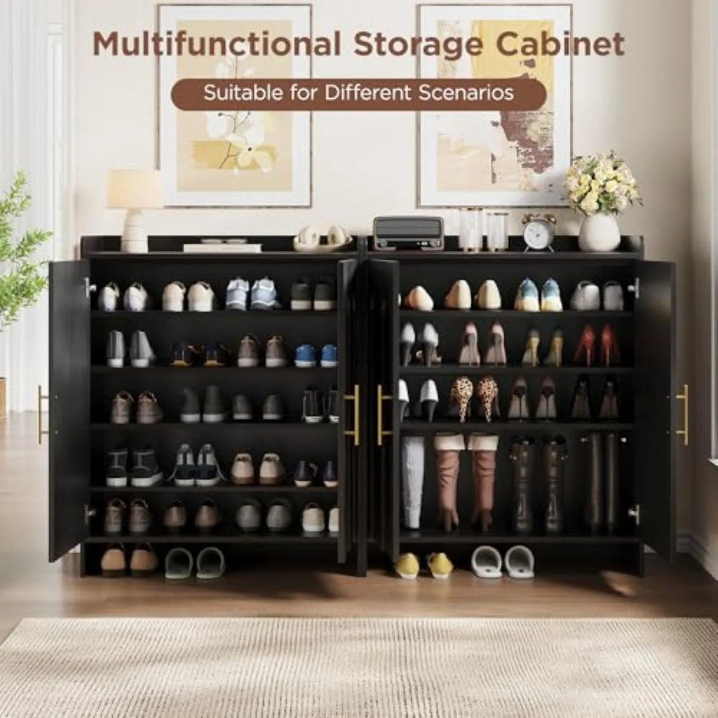 38" Tall Shoe Storage Cabinet with Arched Doors — Gold Handles