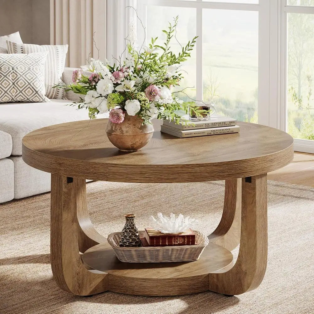 Two-tier round wooden coffee table with storage