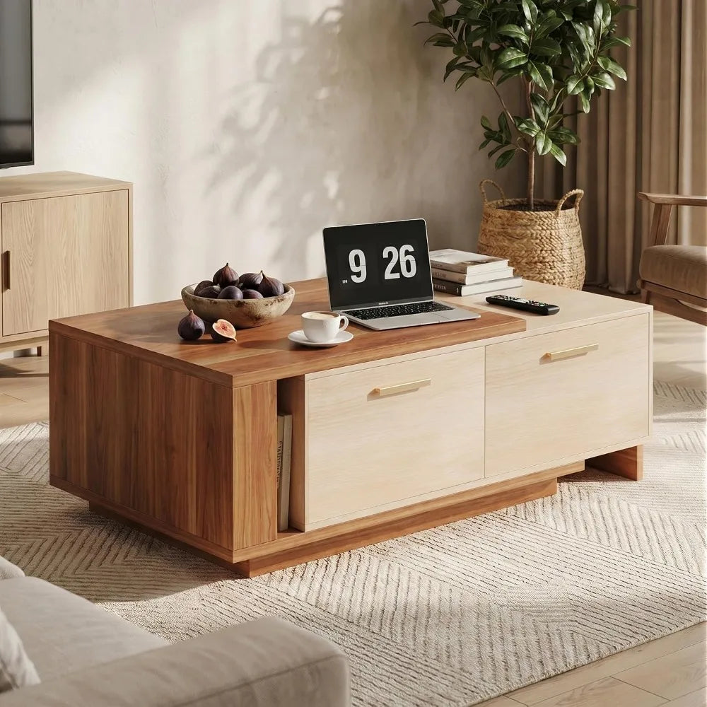 Extendable two-tone coffee table with sliding top and drawers